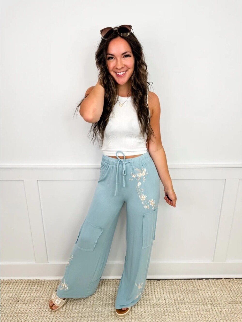 NEW!!!! POL Women's Light Blue Floral Embroidered Pants,Sz Large